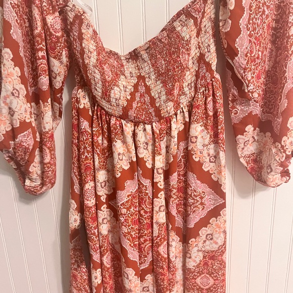 Lulus Carefree Babe Rusty RoseBoho Print Off Shoulder Mini Dress - Picture 4 of 8
